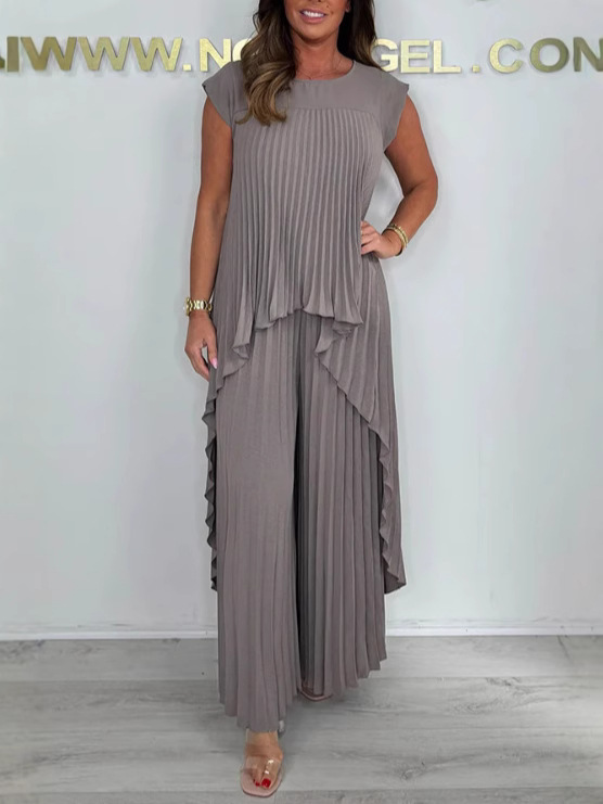 2025 European and American Style Cross-Border Women's Clothing Independent Station Round Neck Pure Color Sleeve Top Pleated Straight Pants Suit Two-Piece Set