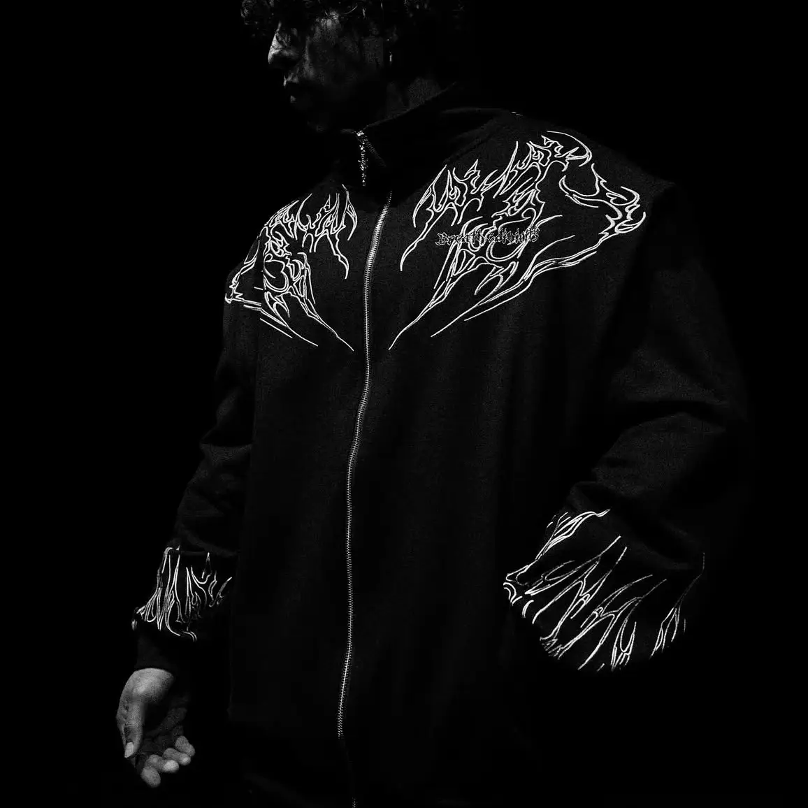 Breathedivinity Heavy-Duty Zip-Up Stand Collar Jacket with All-Over Needlepoint Embroidery, Sporty and Casual, Loose Fit
