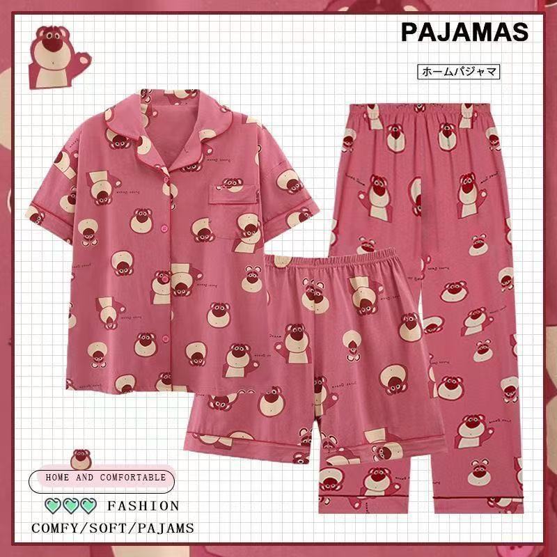 2025 New Ins Cartoon Strawberry Bear Pajamas for Women, Summer Three-Piece Set, Short-Sleeved Student Home Clothes That Can Be Worn Outside