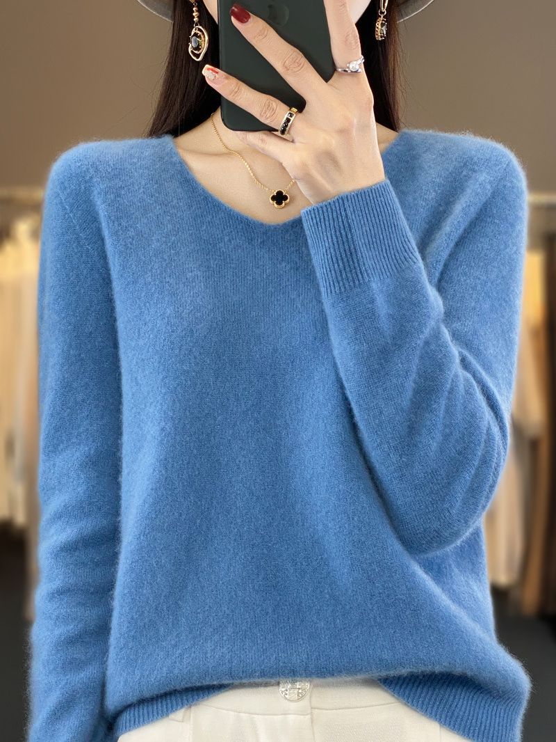 100% Pure Wool Women's Autumn and Winter Sweater with Bottoming Shirt V Neck Seamless Woolen Sweater Sweetheart Collar Knitted Top for Women