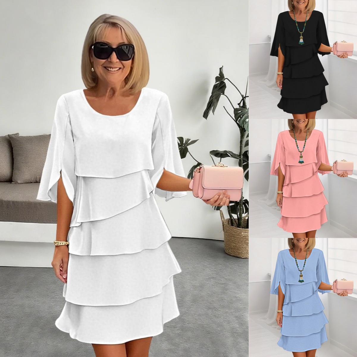 European and American 2026 Foreign Trade Spring and Summer New Fashion Cake Dress Women's Elegant Loose Slimming Round Neck Dress for Women