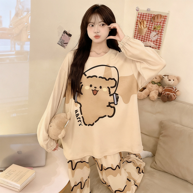Pure Cotton Pajamas for Women in Autumn and Winter, Cute Cartoon Casual Long-Sleeved Trousers, Girls' Home Clothes, Two-Piece Set That Can Be Worn Outside