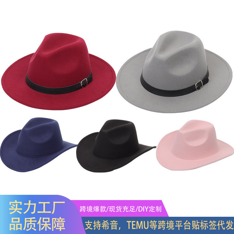 Cross-Border Supply Amazon Flat-Top Hat Solid Color Felt Hat British Retro Jazz Hat Unisex Flat-Brimmed Gentleman Hat