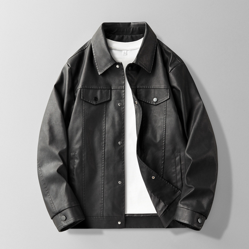 Cross-border Leather Jacket Spring and Autumn New Simple Trendy All-match Handsome PU Leather Jacket Solid Color Lapel Jacket Men's Top