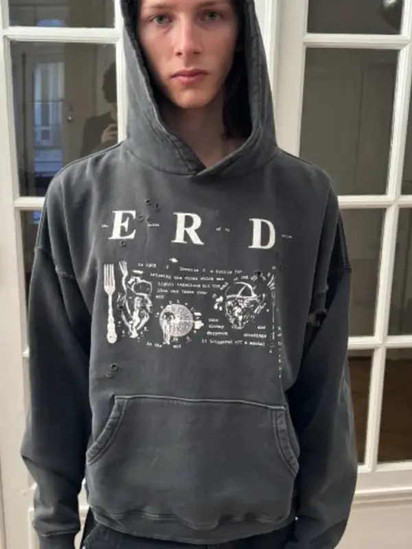 Erd Melancholic Rich Second-Generation War-Themed Character Washed Vintage Distressed Hoodie Sweatshirt for Men and Women Trendy