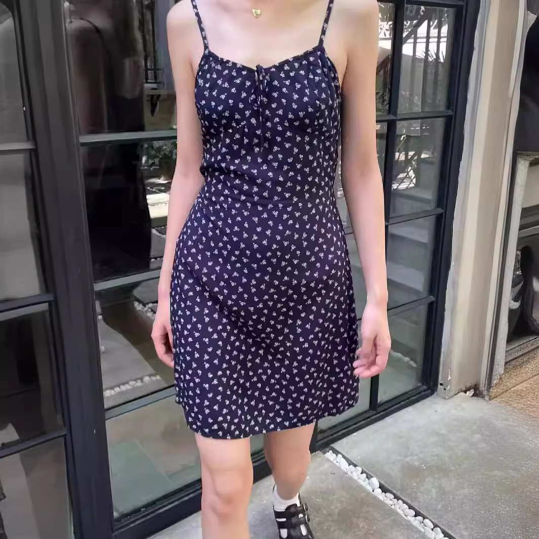 Brandy BM chest front lace-up rose floral strap dress bm slim slimming mid-length bottoming skirt