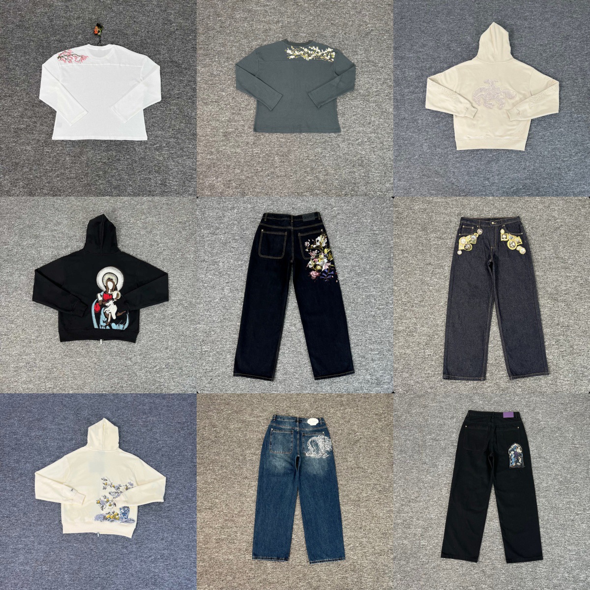 2025 New European and American Style Derschutze Blossom Embroidered Cherry Blossom Waffle Long-Sleeve Couple's Trendy Clothing for Men and Women