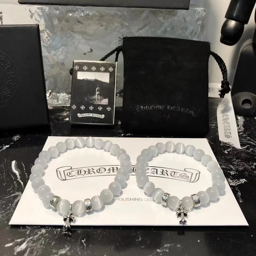 Chrome Hearts White Cats Eye Beaded Bracelet