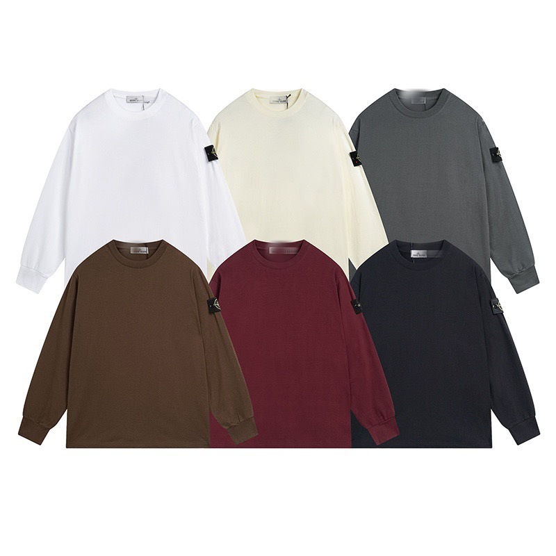 Stone Stone Long-Sleeve T-Shirt with Badge, Solid Color Loose Sweatshirt, Unisex Couple Style with Letter Print