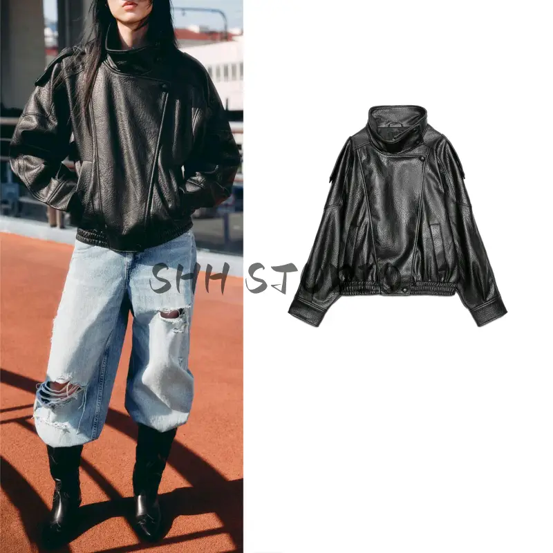 Autumn New Women's Clothing French Biker Style Stand Collar Long Sleeve Pu Faux Leather Short Jacket 4391872