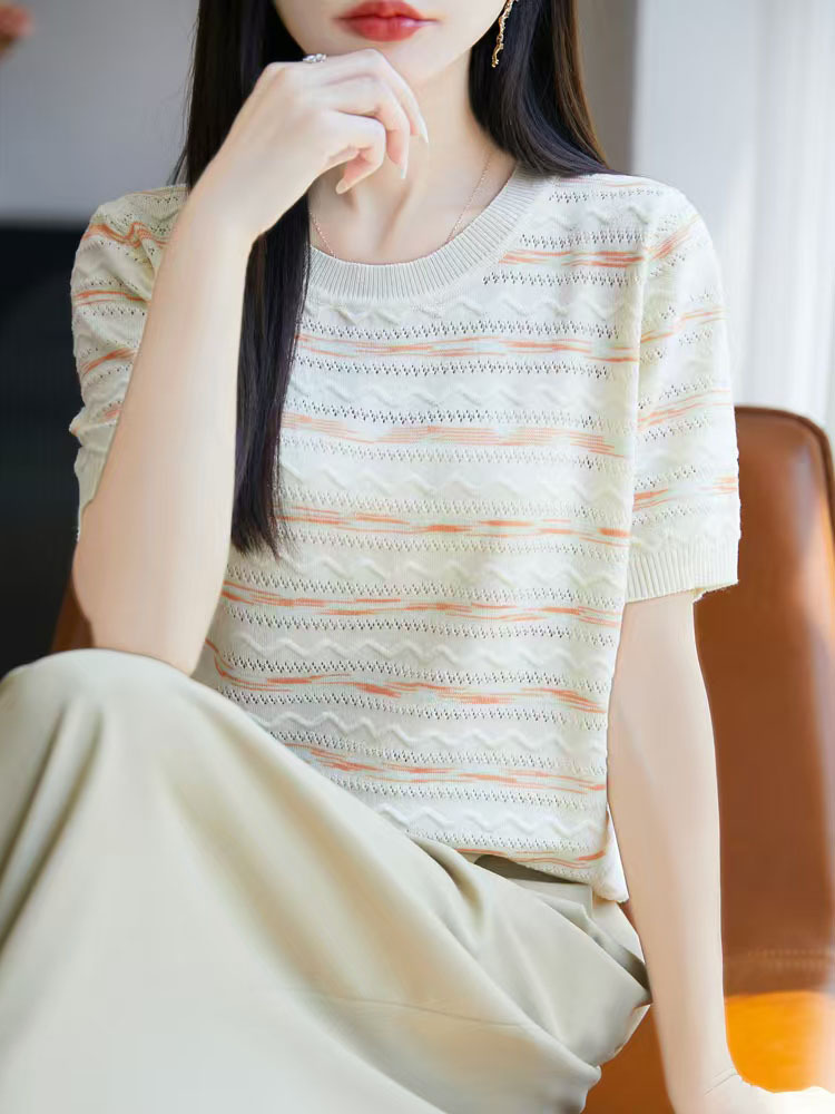 Short-Sleeved Women's T-Shirt, Striped Knitted Short-Sleeved Thin Top, Women's Summer High-End Short-Sleeved Knitted Top