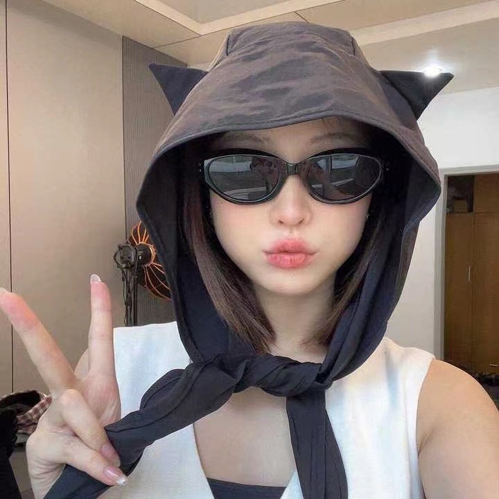 New Imp Devil Strap Cat Ear Sunscreen Hat Quick-drying Fisherman Hat Fashion Face Small Travel Headscarf Women