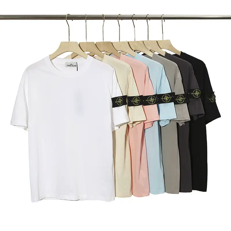 Cross-Border Stone Island Short-Sleeve T-Shirt with Island Logo Print, Loose Round Neck Couple Base Shirt for Men