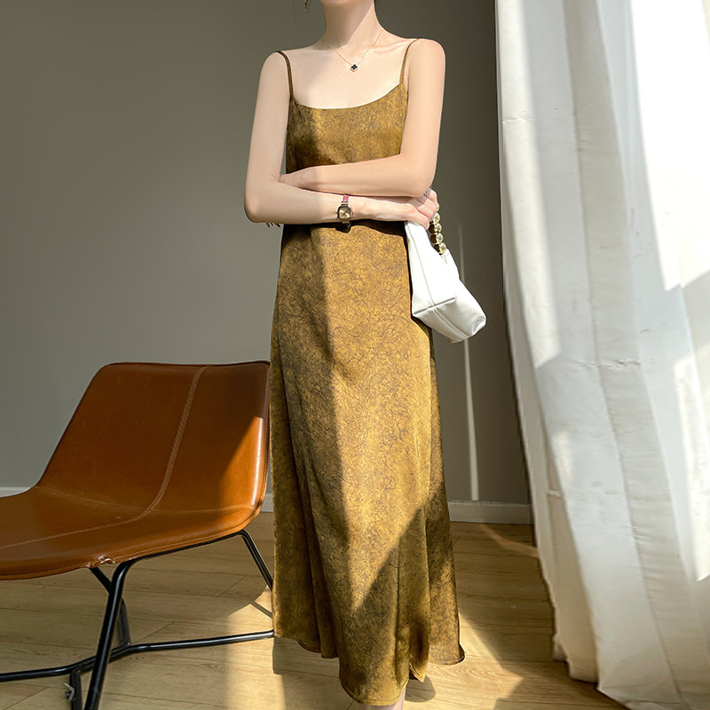 New Chinese Style Jacquard Acetic Acid Satin Dape Loose Summer Long Dress Adjustable Collar Sling dress Women