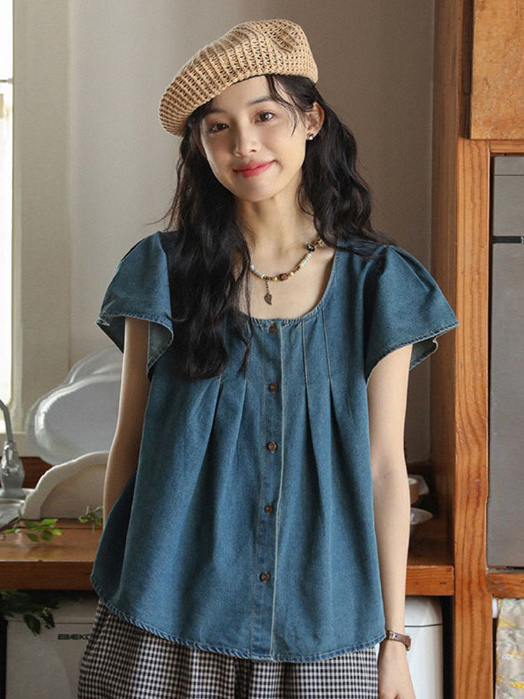 Women's Summer 2026 New Style Loose Denim Shirt with Small Flying Sleeves, Stylish and Elegant Design Top