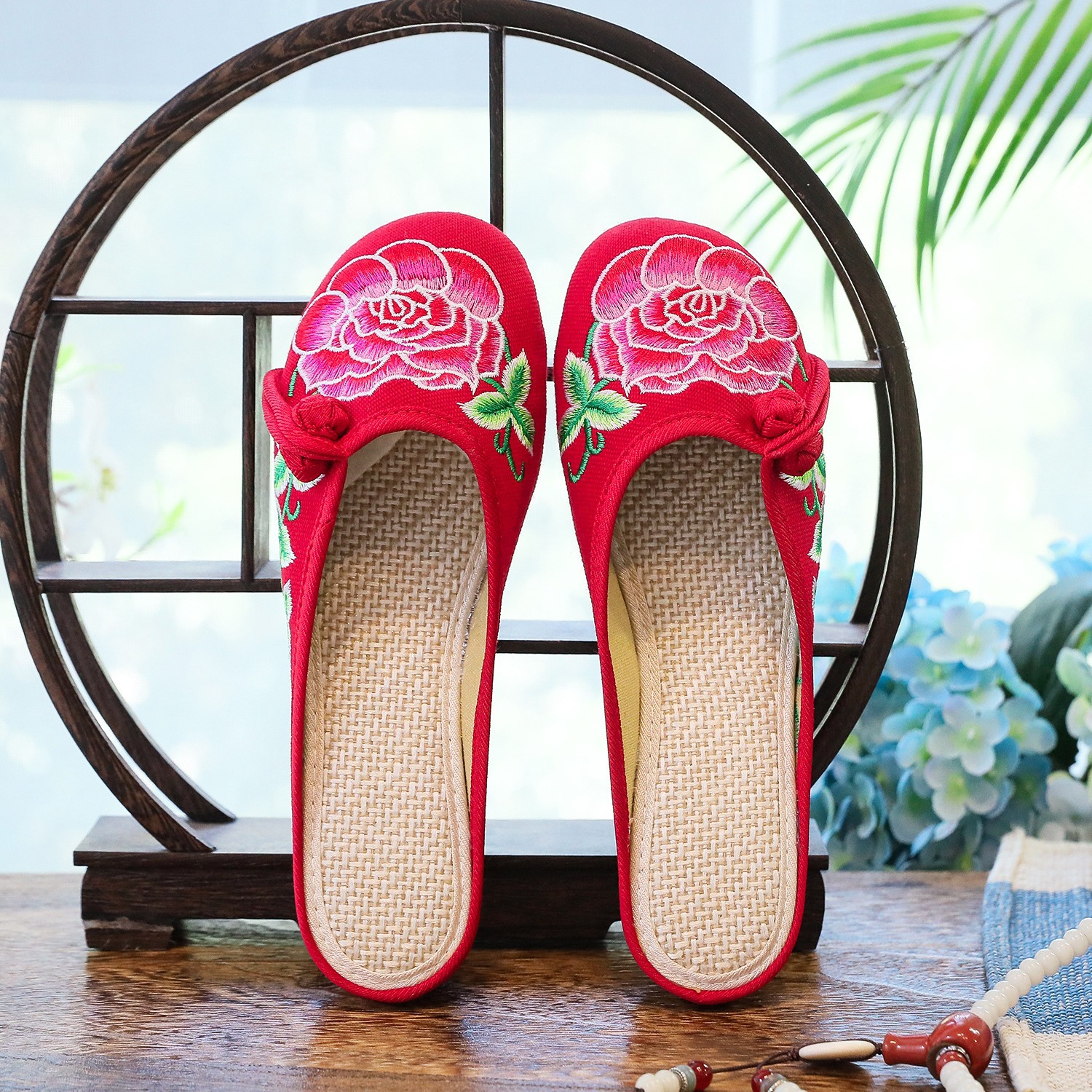 Slippers Vintage Buckle Decorative Peony Embroidered Canvas Summer Colorful Sandals for Women