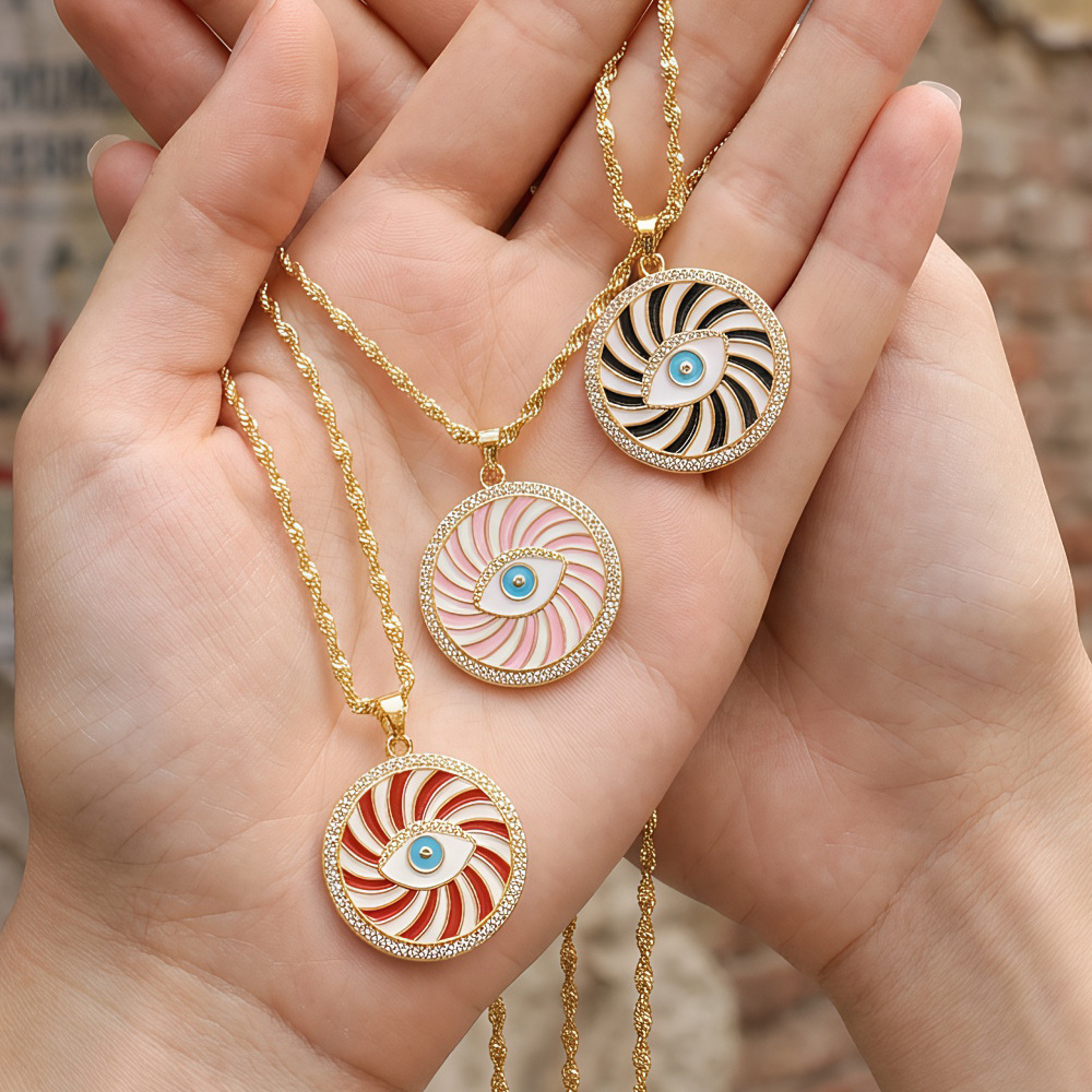 18K Gold-Plated Copper Evil Eye Round Pendant Necklace Enamel Inlaid with Diamonds Turkish Eye Clavicle Chain