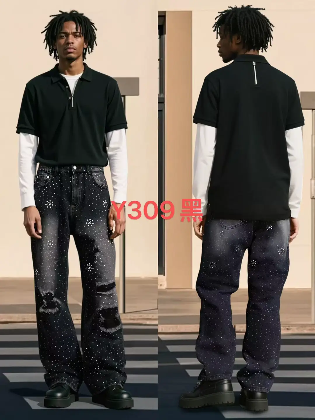 2025 European and American New Men's Denim Pants Fashion Versatile American High Street Loose Straight Starry Sky Rhinestone