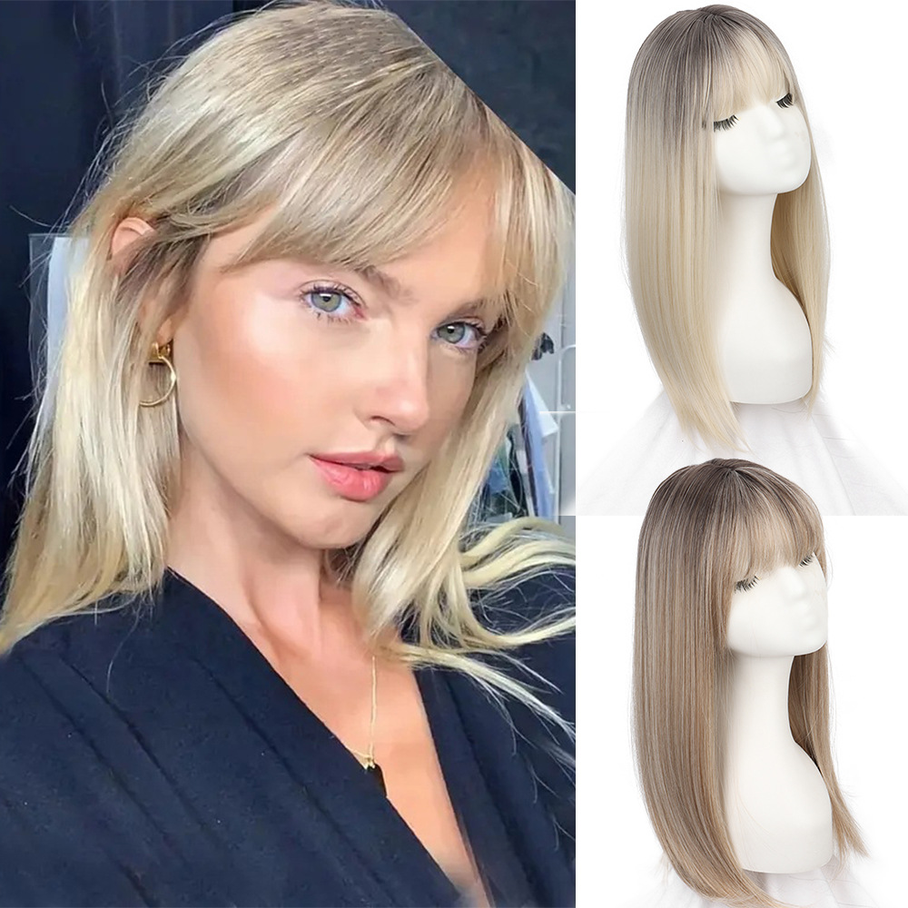 Foreign Trade Replacement Hairpiece, Simulated Scalp Middle Part Hairpiece, Cover Gray Hair, Medium-Length Straight Hair Middle Part Hairpiece