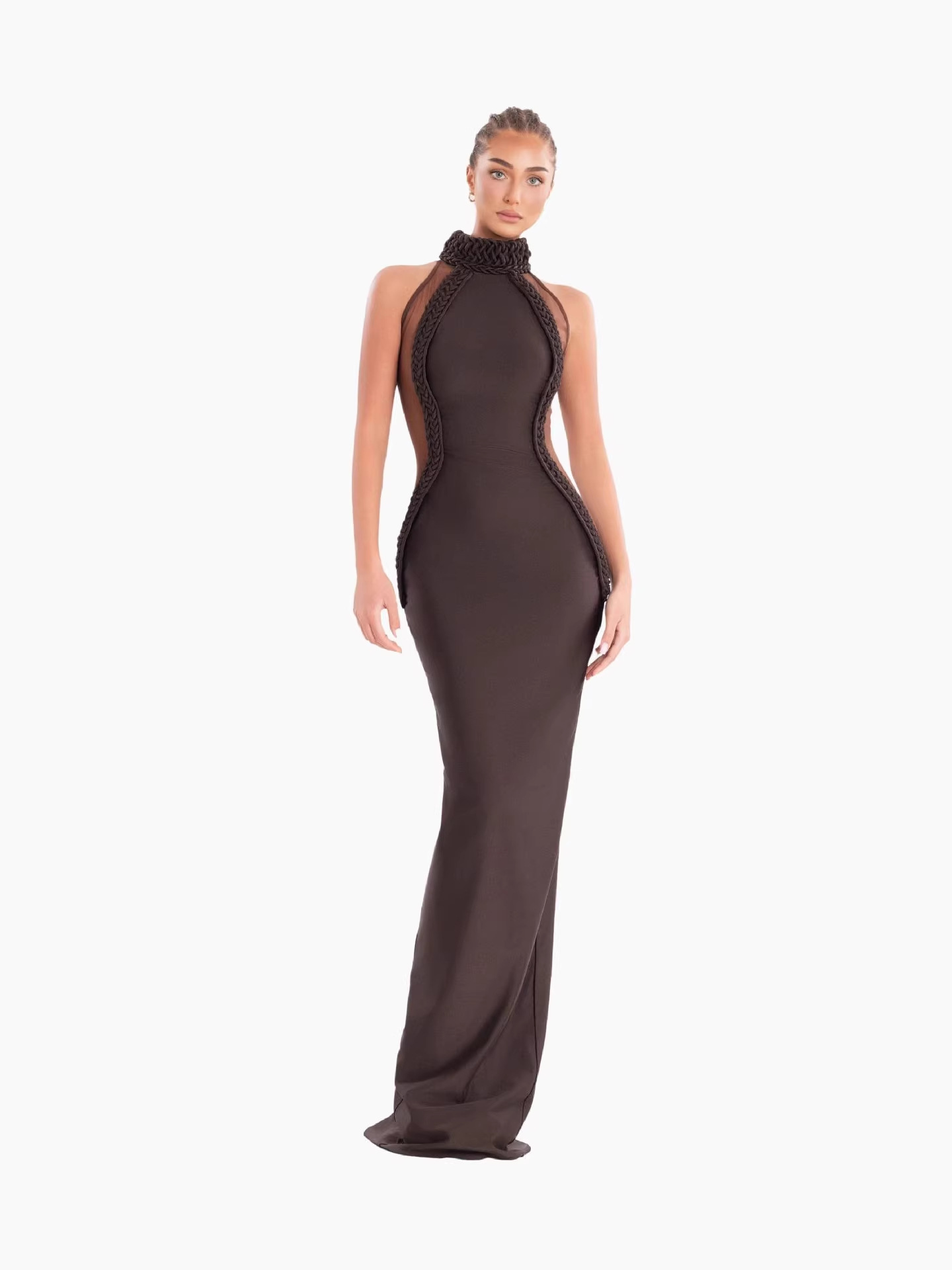 European and American Cross-Border Fashion Halterneck Coffee-Colored Braided Dress Amazon Independent Station Elegant Sleeveless Slit Skirt