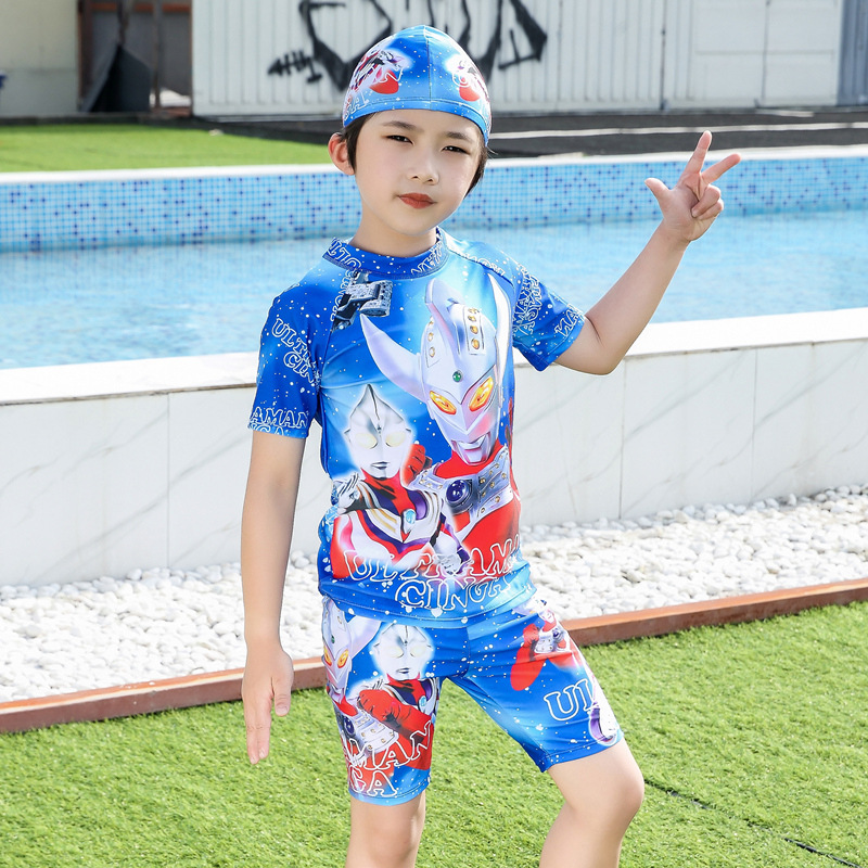 Children's Swimwear Boy's Split Cartoon Student Swimwear Training Suit Mid-Children's Short-Sleeved Quick-Dry Sun Protection Professional Swimwear
