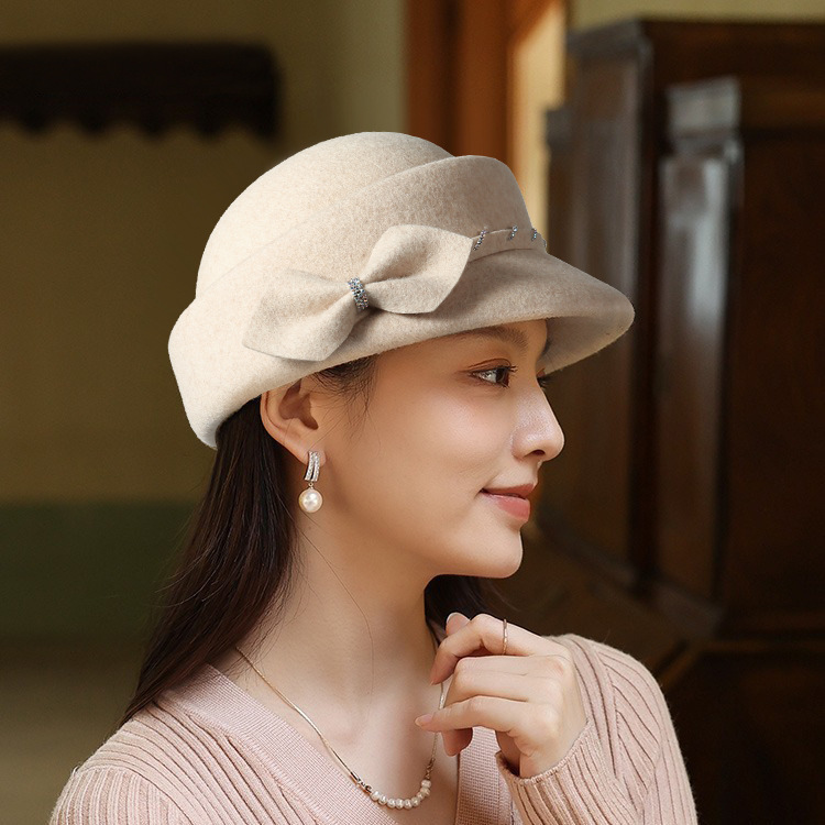 2024 new hat female temperament bow decoration simple fashion lady style basin hat winter wool hat wholesale
