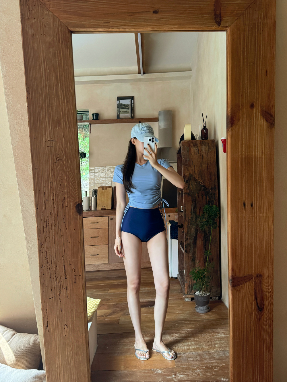 Summer Sports Split Swimsuit Slimming Look High-Waisted Stretch Shorts Sexy Hip Lift Contrasting Color Half-Sleeved Japanese and Korean Hot Spring Swimsuit