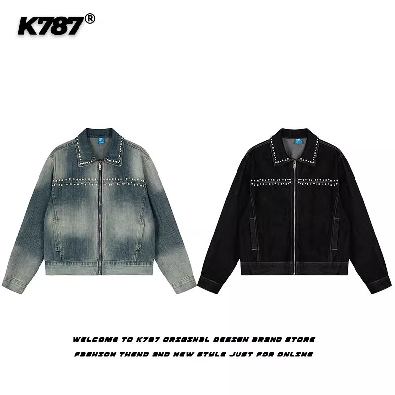 American Retro Style Three-Dimensional Beaded Design with Visible Stitching, Washed Denim Jacket for Men, Loose Fit, Versatile Short Denim Coat, Trendy