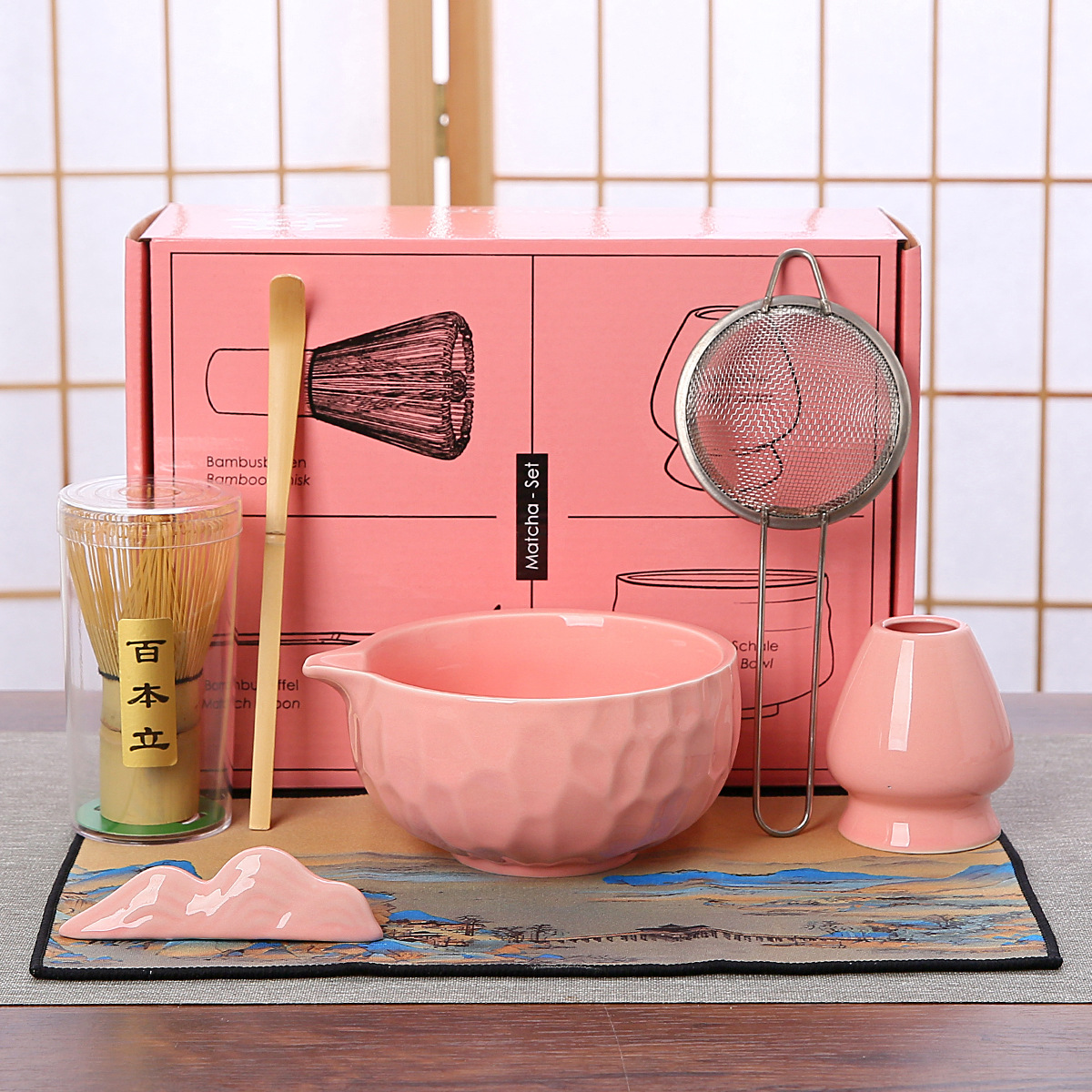 Cross-Border Pink Ceramic Matcha Bowl 7-Piece Set, Tea Whisk Matcha Brush, High-Quality Stirring Utensil with Spout