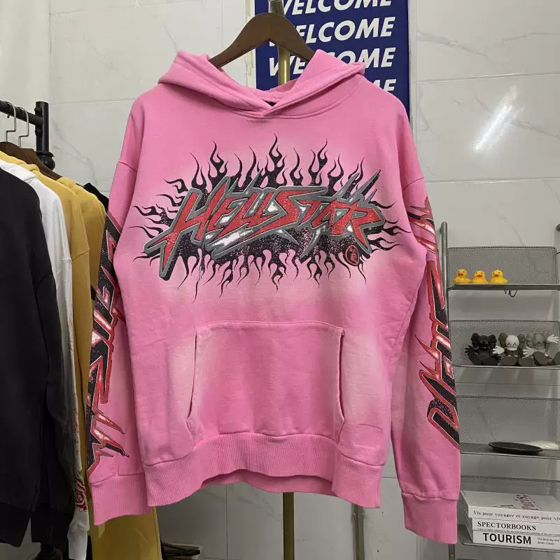 Cross border Hell Autumn/Winter American High Street Hell Star Printed Men's and Women's Hip Hop Loose Retro Pink Hoodie