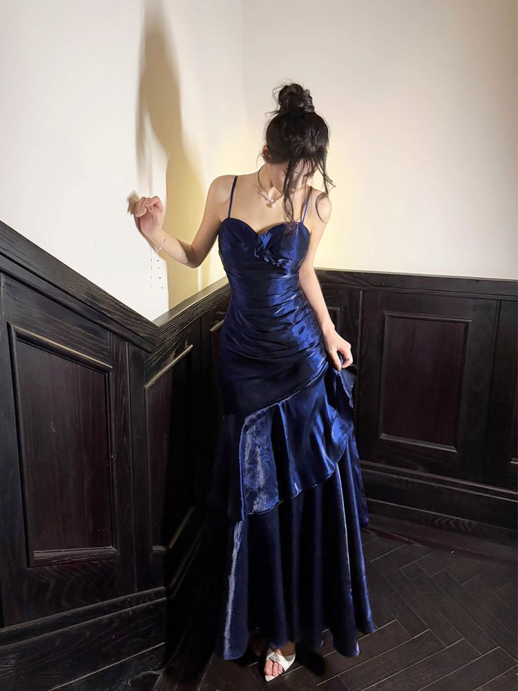 Blue Evening Dress 2026 New Model Mermaid Ruffle Strap Dress Niche Birthday Adult Ceremony Dress