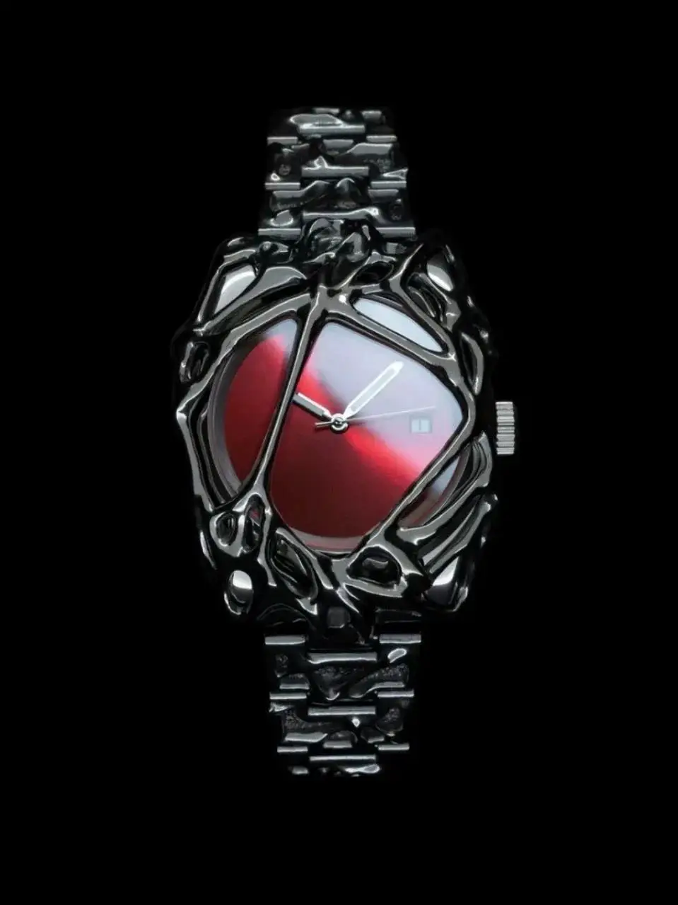 Watch with red dial and metallic band