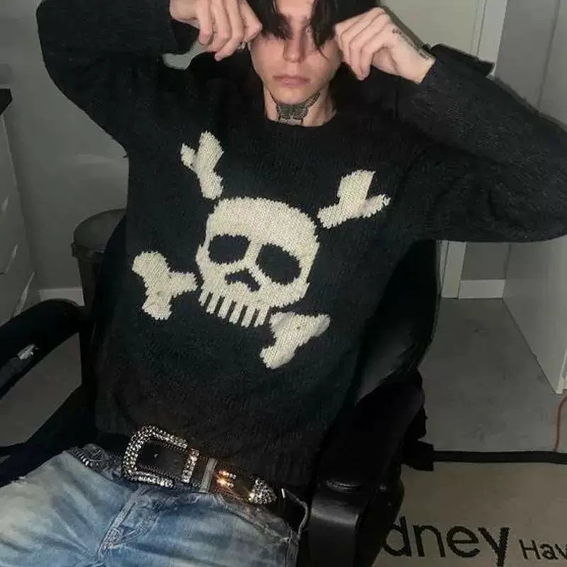 Gothic Sweater Skull Graphic Knitwear Hip Hop Punk Men's Pul Foto QC de TAOBAO na Qualit.ly