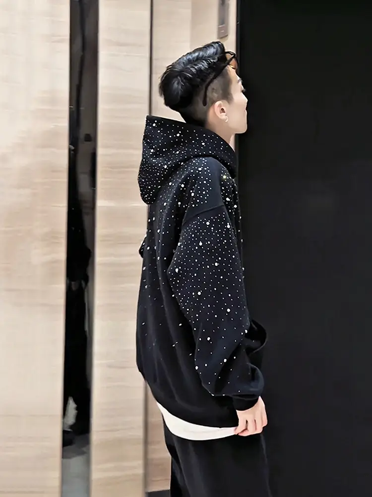 Heavy-Duty Rhinestone Padded Shoulder Hooded Jacket Sweatshirt Men's Spring & Fall American Style Heavy weight Stylish Classy Dark Style Outwear