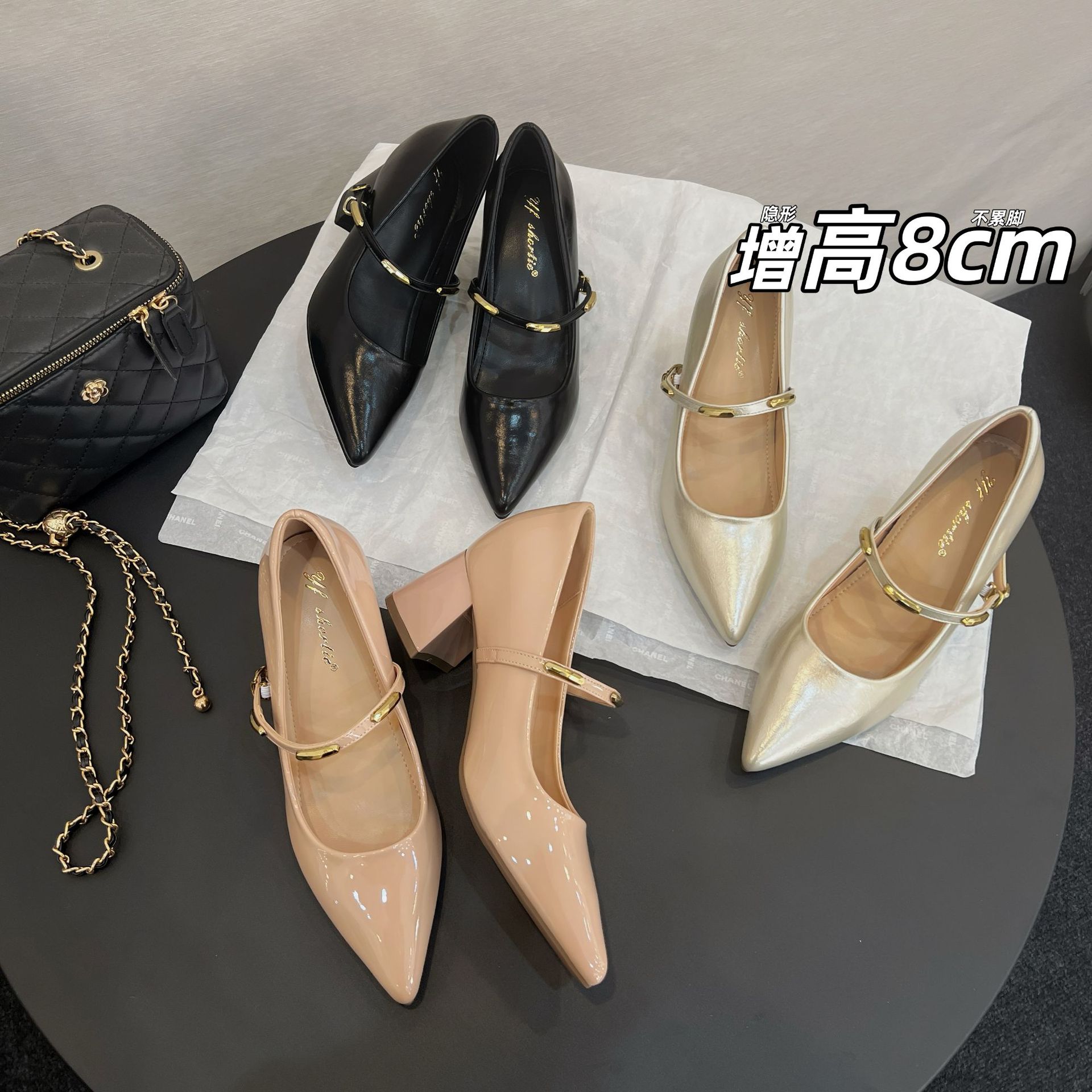 Height-Increasing 8cm Metal Buckle Strap Chunky Heel Mary Jane Shoes for Women, 2026 New French-Style Pointed Toe Shallow Mouth Single Shoes