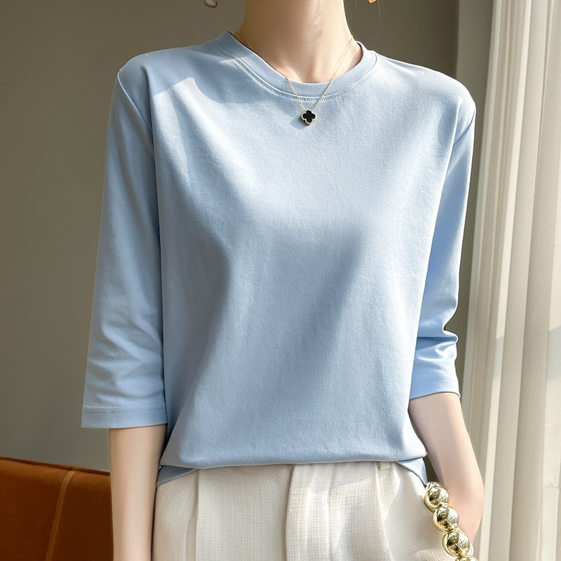 Simple Round-Neck Silk-Gloss Cotton Three-Quarter Sleeve T-Shirt for Women, 2026 Spring/Summer New Style, Elegant and Versatile Cotton Base Shirt with Short Sleeves