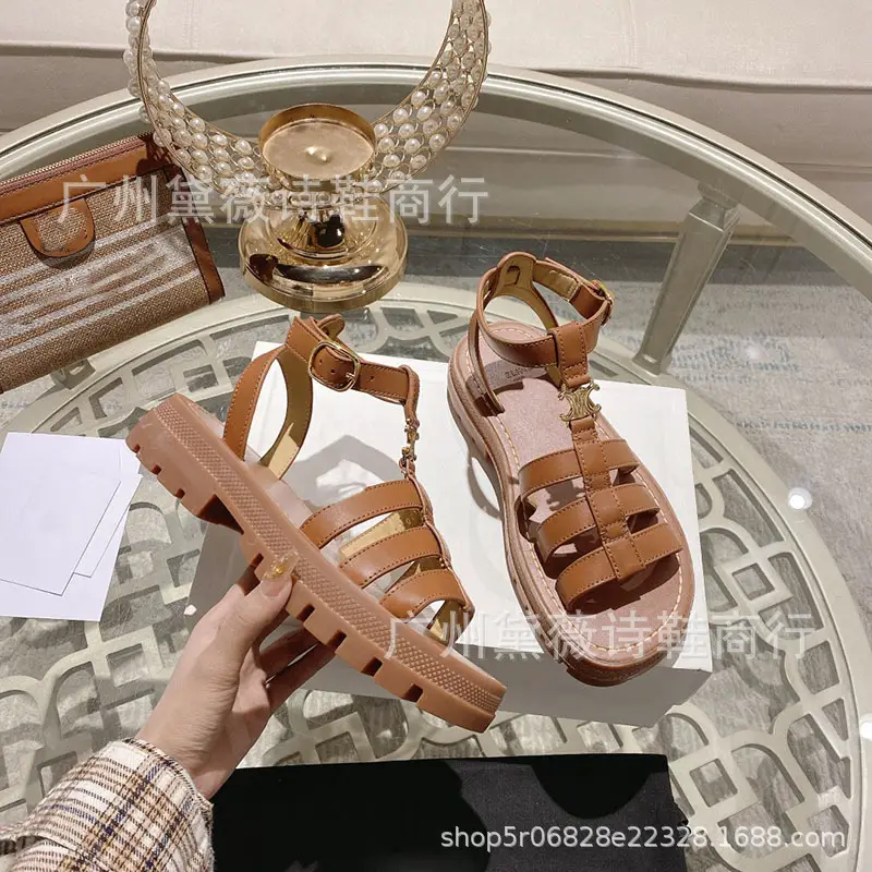 New style sandals women's woven buckle summer heightened platform genuine leather retro Roman sandals beach sandals women