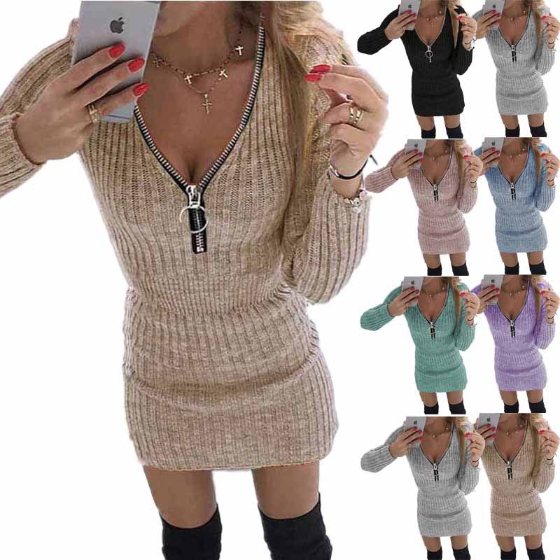 2026 Autumn/Winter European and American Style Wish Independent Platform Cross-Border Foreign Trade Women's Clothing Zipper Waist-Cinching Long-Sleeve Knitted Bodycon Dress