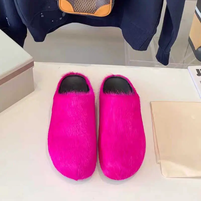 Europe and the United States new outer wear muffin thick bottom candy color leather horse hair Baotou half slippers leisure flat bottom lazy shoes tide