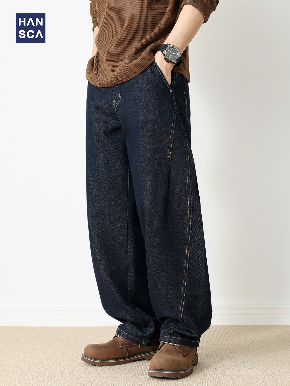 Hansca Lyocell Jeans Men's 2025 Autumn American Original Color Straight-Leg Leg Loose Velvet Thickened Scimitar Pants