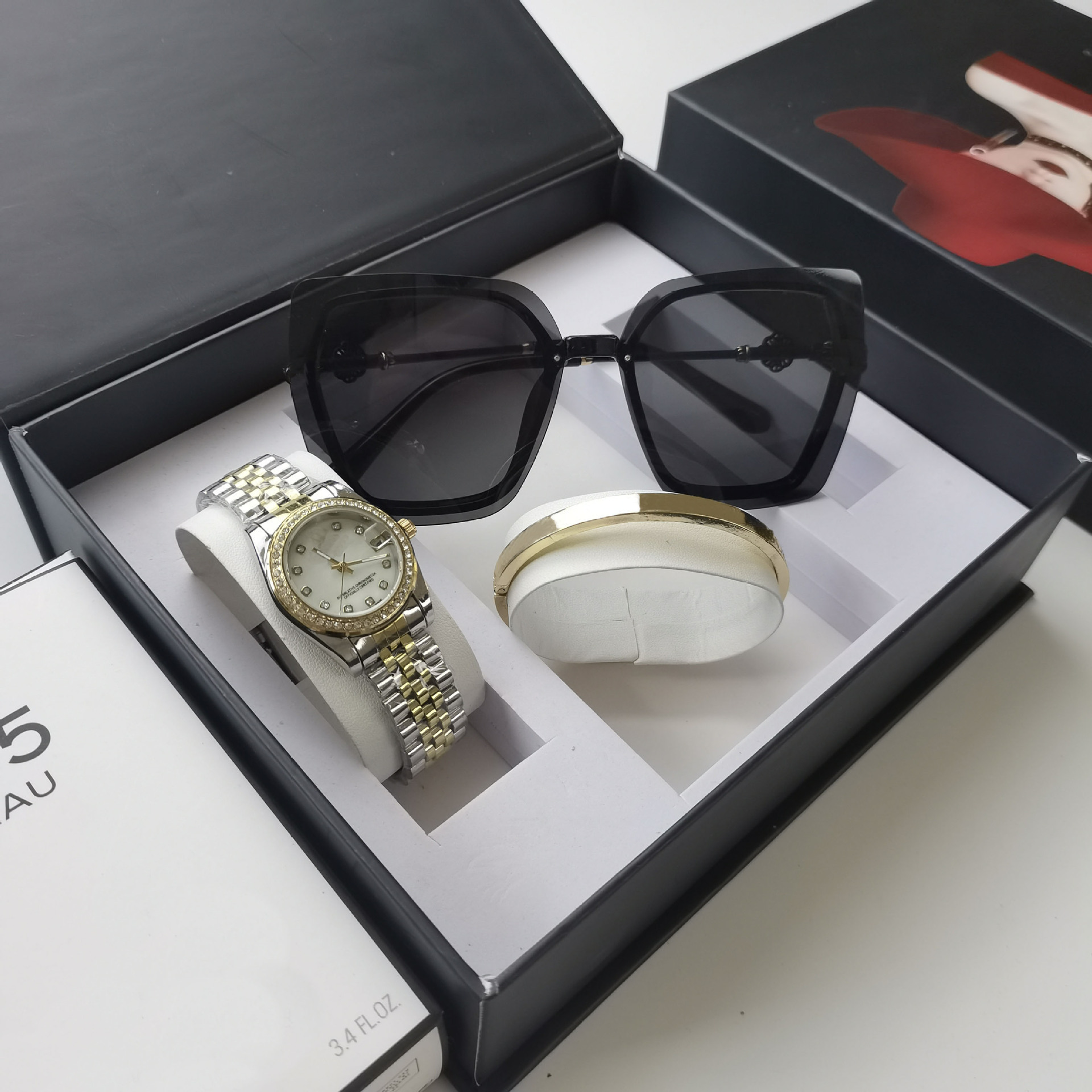 Cross-Border Popular Fashion Watch and Sunglasses Set Diary with Diamond Women's Steel Strap Quartz Watch Trendy Sunglasses