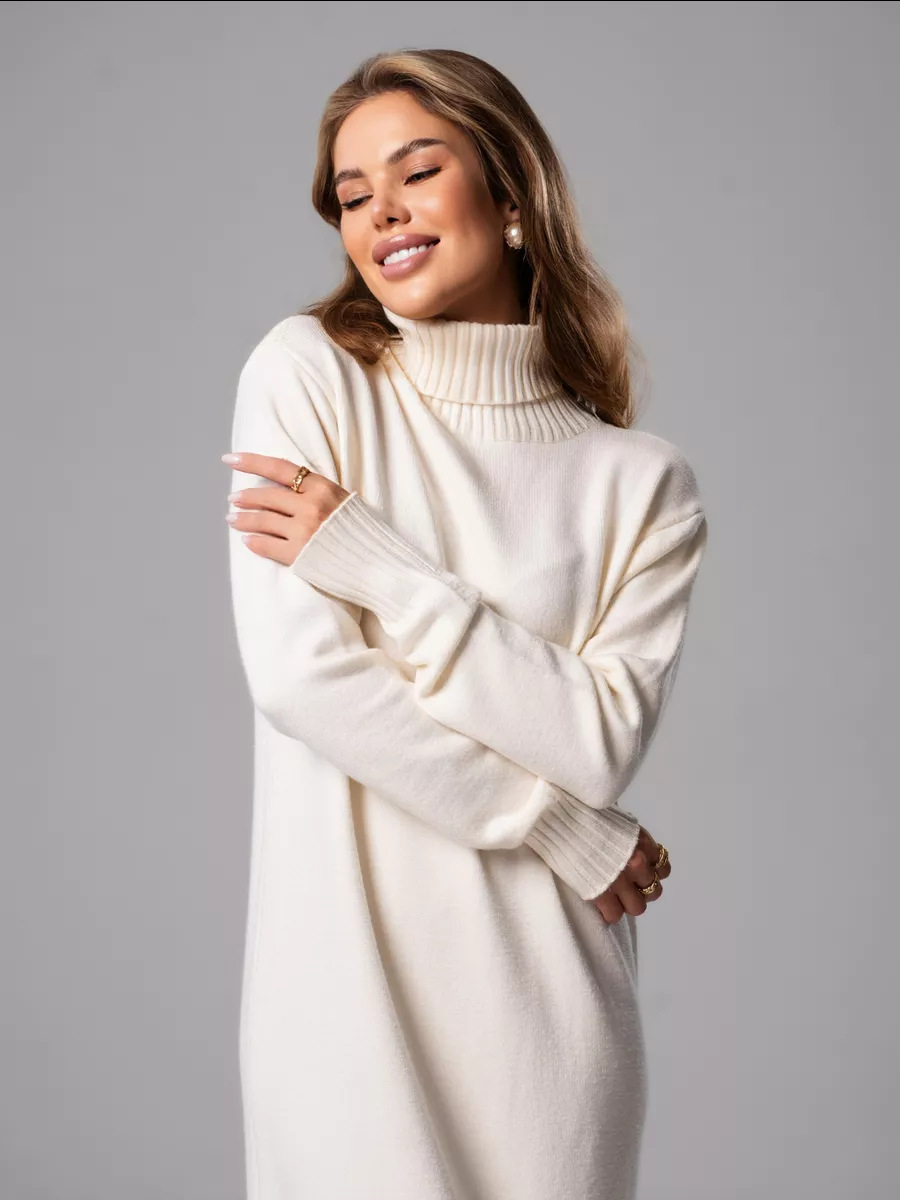 European and American Cross-Border Women's Turtleneck Knitted Dress 2025 Autumn and Winter New Loose Inner Pure Color Slimming Look Sweater Dress