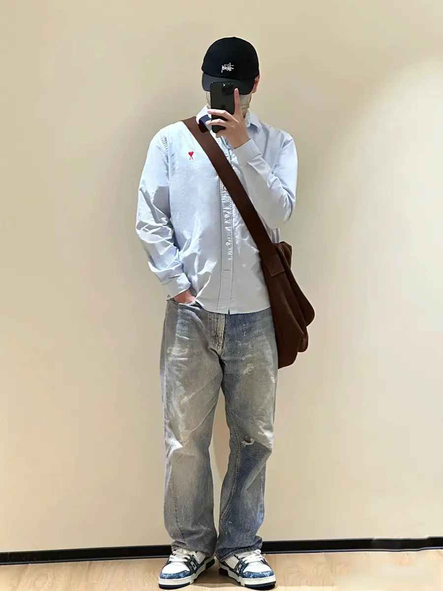 Ami Clams Small Heart Embroider Stripes Lapel Couple shirt Casual Youth Outwear Long sleeves Shirts for Men and Women