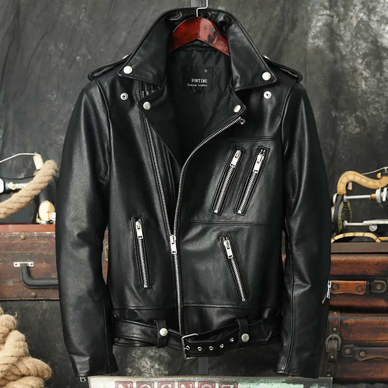 K-style Motorcycle Leather Jacket Pure Top Layer Calfskin Genuine Leather Jacket Men silm Lapel Fashion Trendy New Product Outwear