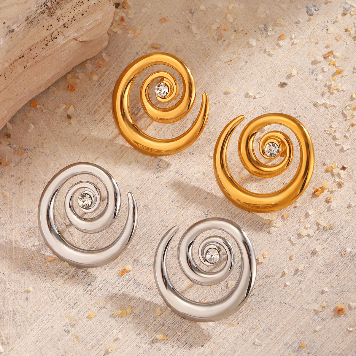European and American Fashion Popular Stainless Steel Simple Style Swirl Rhinestone Earrings Niche Design Rotating Earrings for Women Wholesale