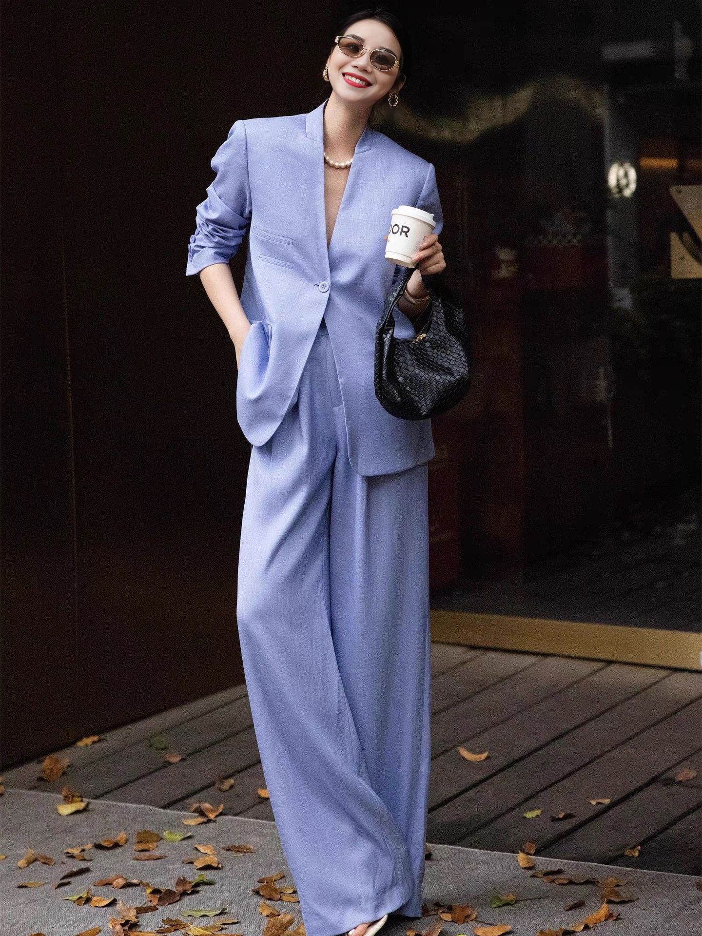 Nanyou High-End Fashion Suit, Autumn Thin Style, Relaxed Bamboo Texture Suit with Wide-Leg Pants, Elegant Long Pants Two-Piece Set