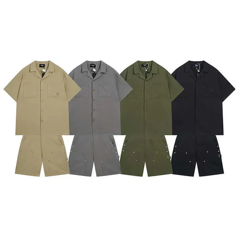 European and American Simple Pocket Embroidered Letter represent Cuban Collar Short Sleeve Shirt Men's and Women's Loose Shorts suit