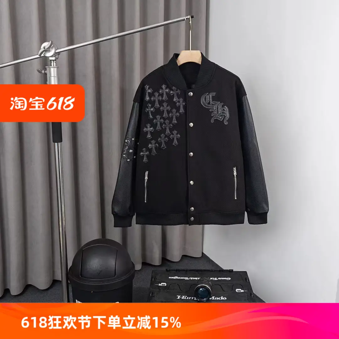 25 Zhigu Desertplants Cross Leather Patchwork Dark Baseball Leather Jacket Cardigan Outwear Men and Women Same Style