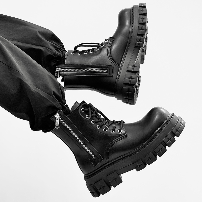 Mid-Top Casual Men's Shoes, Workwear, Korean Style Trendy Shoes, Winter Motorcycle Boots, British Style Martin Boots, Men's High-Top Black