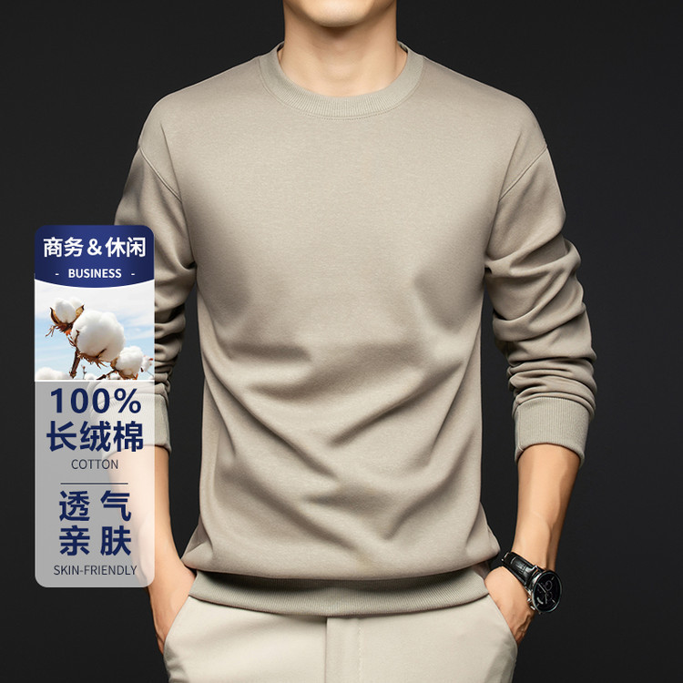 Spring and Autum New Pure Cotton Long-Sleeved Sweatshirt Men's Business Casual No-Iron Pure Color T-Shirt Round Neck Bottoming Shirt Men's Clothing